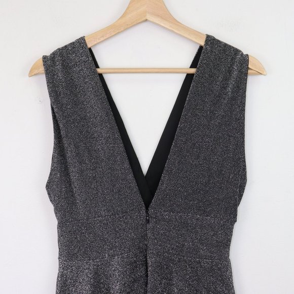 NWT Fraiche by J Metallic Shimmer Deep V-Neck Fit & Flare Minidress Silver Black - Picture 8 of 8